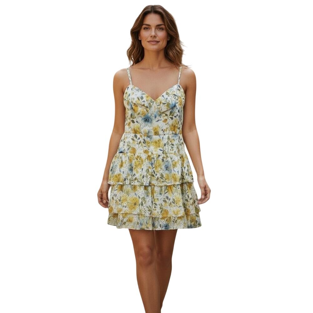 Layered with Love Chic Floral Mini Boho Embroidered Tiered Sleeveless Dress L